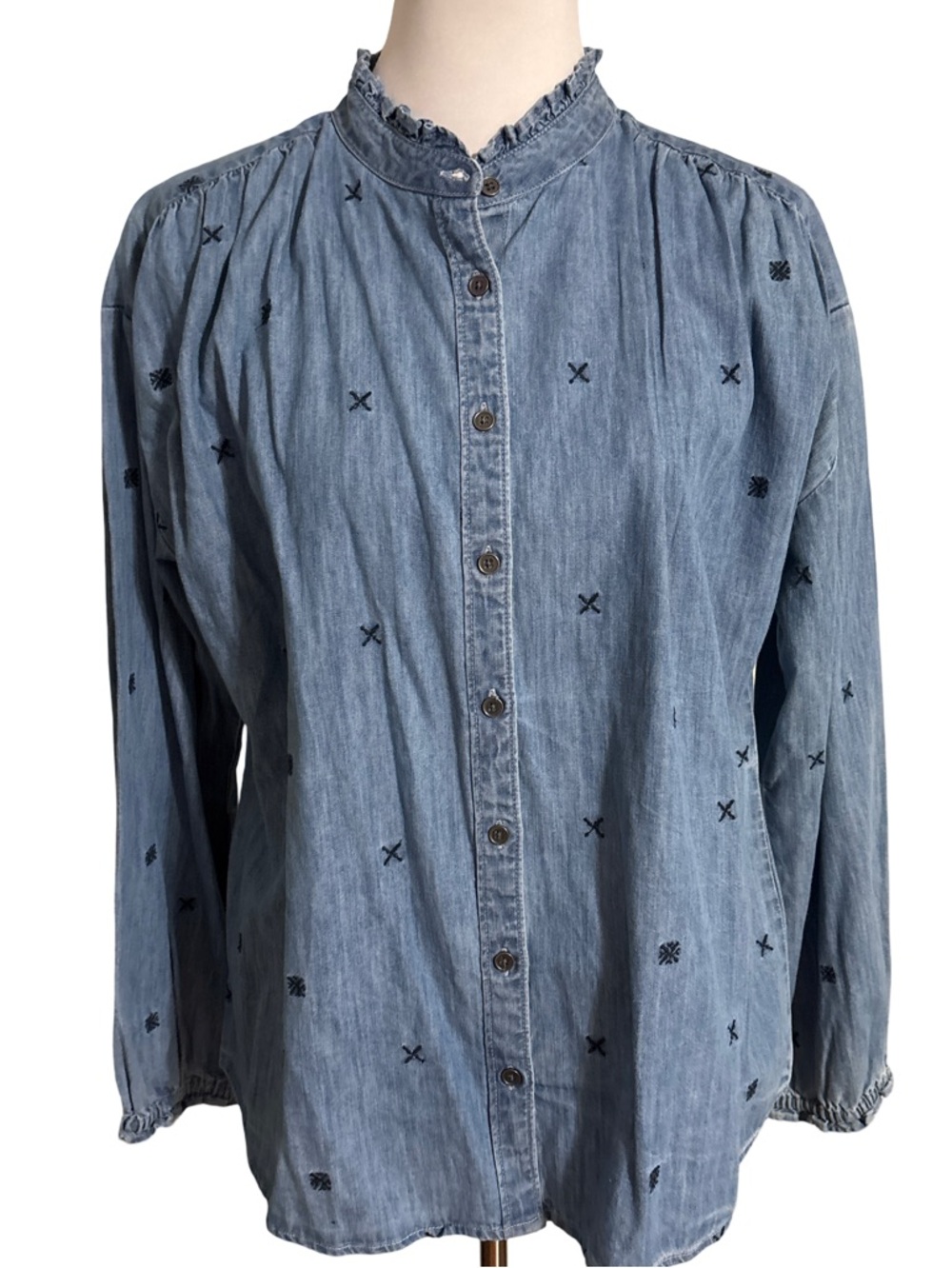 Style & Co Denim Button-Down Top Light Blue Embroidered